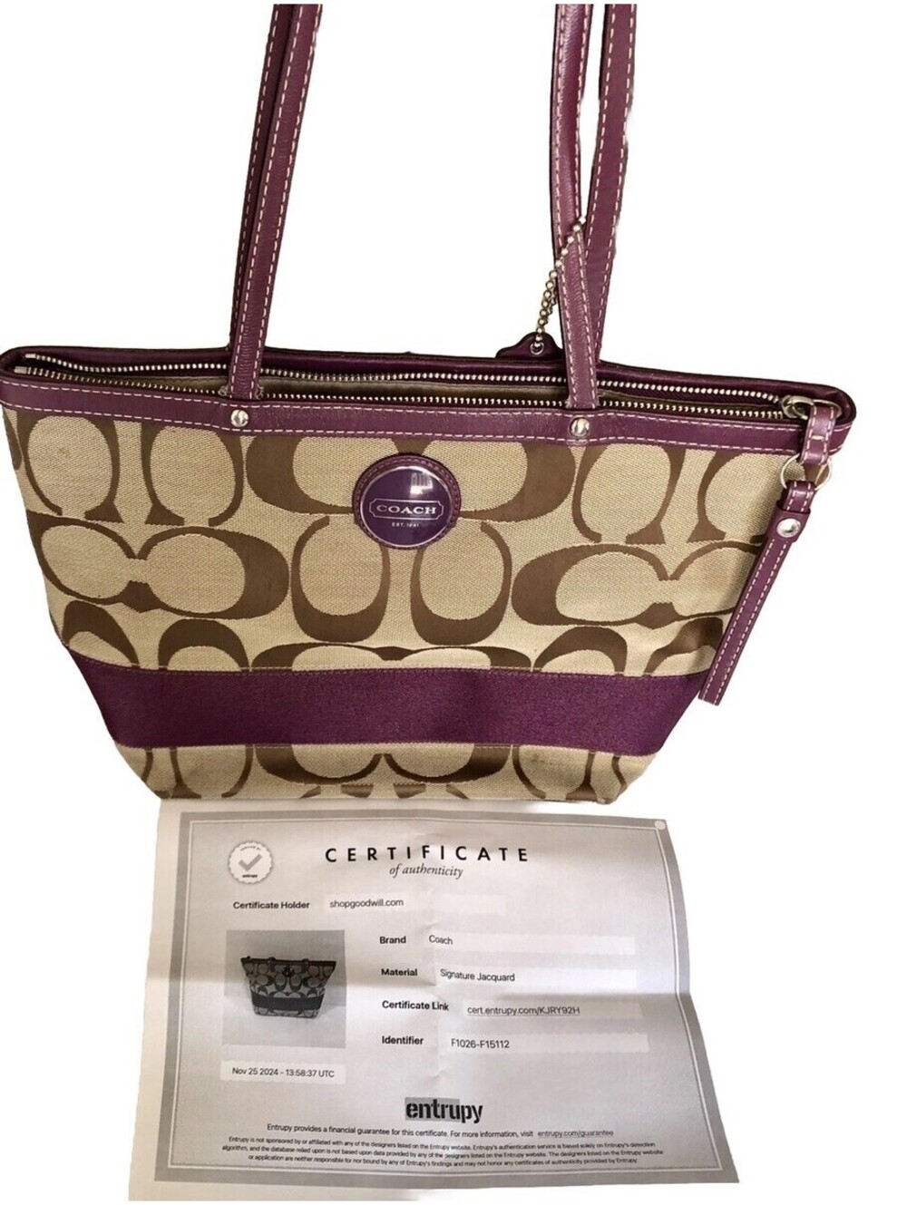 VTG Coach Signature Brown/Purple Patent Leather /Canvas Tote Purse 15112 COA